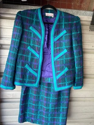 Vintage Castleberry 2 Piece Knit Suit Skirt Blazer Set Teal Size 6 Tweed Retro - Image 1 of 4