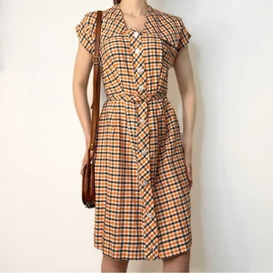 Vestido de día vintage años 50 a cuadros cintura camisa cinturón botón delantero naranja blanco XS - Imagen 1 de 15