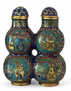 Vintage chinesische Doppelkürbis Cloisonné blaue Blumen 2 1/2" große Schnupftabakflasche - Bild 1 von 22