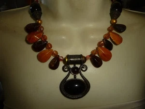PENDANT LG BLACK STONE W BLACK & BUTTERSCOTHCH BEADED CLEOPATRA NECKLACE #19/26 - Picture 1 of 7