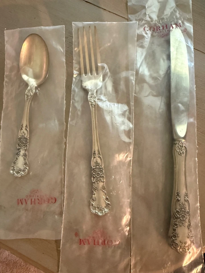 ❤️ TAZA DE MANTEQUILLA GORHAM ESTERLINA VICTORIANA 3pC AJUSTE DE LUGAR DE CENA SIN USAR Foto 1 de 1