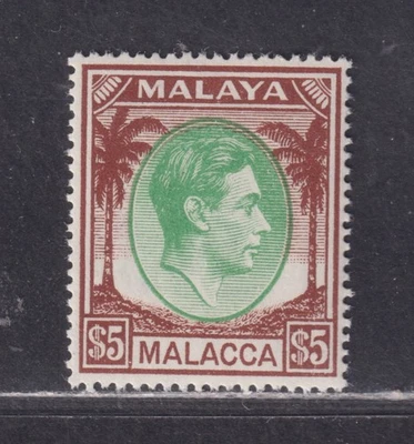 Malaya Malacca Scott 17 VLH 1949 $5 Chocolate & Emerald George VI SCV $60.00 - Image 1 of 2