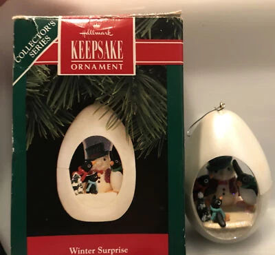 1992 Hallmark Winter Surprise Series #4 Penguins & Snowman in Egg Ornament EUC - Image 1 of 4