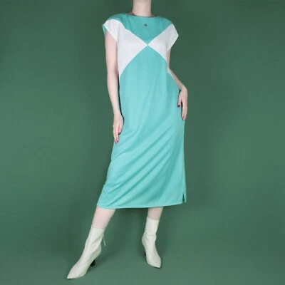 Vestido midi vintage H&M verde azul blanco años 80 90 nueva onda cóctel mediano 12 14 Foto 1 de 4