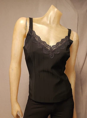 Blusa sin mangas Tahari negra lisa con ribete de encaje cuello en V para mujer talla 8 USADA Foto 1 de 4