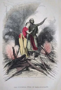 1857 Engraving, The Funeral Pyre Of Sardanapalus, Assyrian, Hand Colored  - Picture 1 of 3