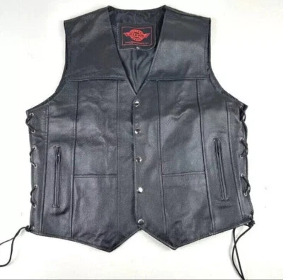 Alpha Cycle Gear Hombres Cuero Negro Motocicleta Chaleco Chaqueta Talla XL Foto 1 de 4