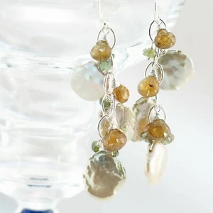 Goldene grüne Keshi Perle grüner Turmalin Silber Kette Kaskade Ohrhänger - Bild 1 von 6