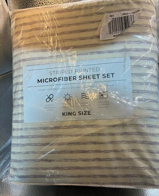 Striped Printed Microfiber Sheet Set King Size Soft Wrinkle Resistant Beige - Image 1 of 2