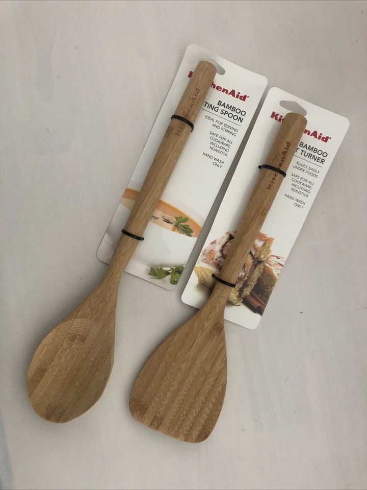Nuevo KitchenAid Bambú 2 Piezas Giratorio y Cuchara Juego Pinzas para Ensaladas Utensilios de Cocina Foto 1 de 1