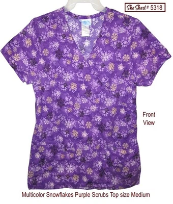 Scrubs Uniform Top Multicolor Snowflakes on Purple Background sz Medium VGC - Image 1 of 4