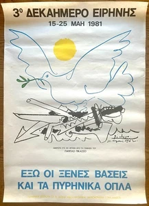 Raro poster politico greco originale 1981, colomba di Picasso, protesta per la pace anti-nucleare - Foto 1 di 9