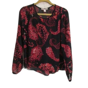 forever 21 Top Blouse Shirt Women's Medium Sheer Floral Long Sleeve Red Black - Picture 1 of 4