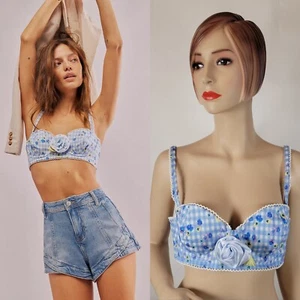 NEW SOLD OUT Free People For Love & Lemons Brigitta Gingham Blue Bra Top NWT XL - Picture 1 of 5