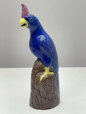 Estatuillas de porcelana azul real de loro chino de 12,75 pulgadas de cerámica asiática vintage Foto 1 de 4