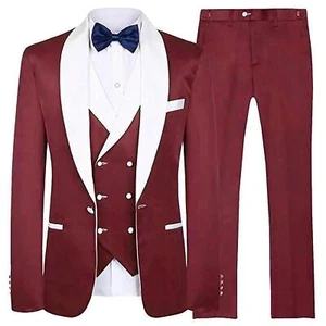 Men's Suit Navy Blue Groom Tuxedos White Shawl Lapel Men Suits 3 Piece - Picture 1 of 43