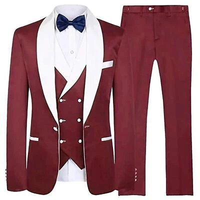 Men's Suit Navy Blue Groom Tuxedos White Shawl Lapel Men Suits 3 Piece - Image 1 of 4