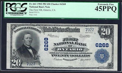 🇺🇸 CA 1902 $20   ♚♚ ONTARIO, CALIFORNIA ♚♚ PCGS EX FINE 45 PPQ AMAZING! - Image 1 of 3