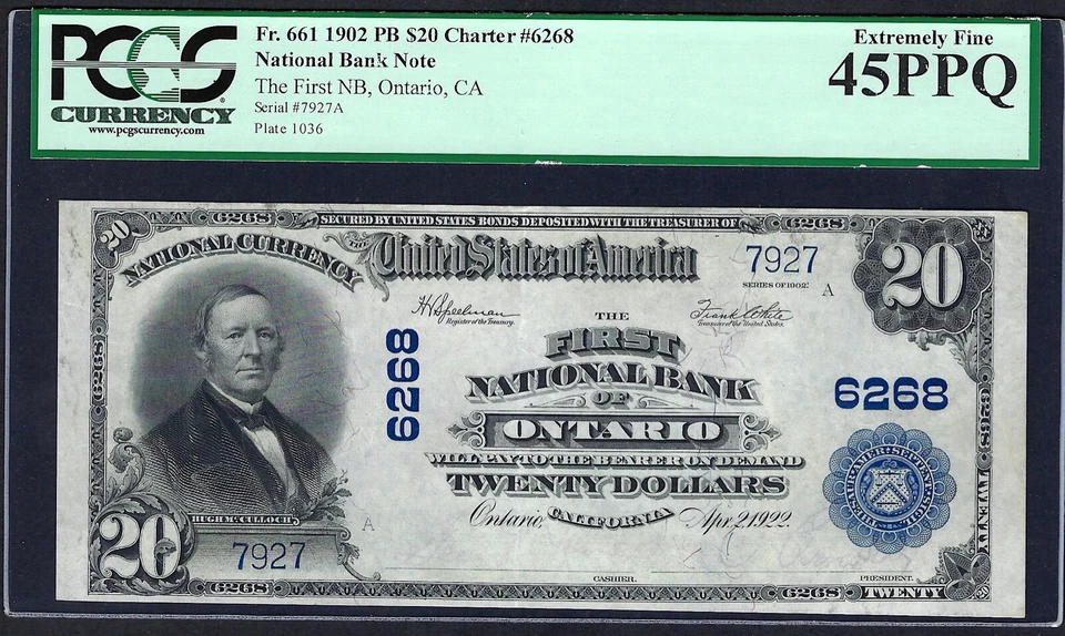 🇺🇸 CA 1902 $20   ♚♚ ONTARIO, CALIFORNIA ♚♚ PCGS EX FINE 45 PPQ AMAZING! - Image 1 of 3