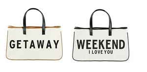 Set of 2 Large Summer Canvas Tote Bags - Getaway and Weekend I Love You - Picture 1 of 5