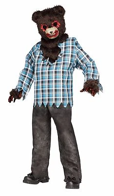 Boys Psycho Teddy Bear Costume Killer Faux Fur Plaid Halloween Kids Child Medium - Image 1 of 2