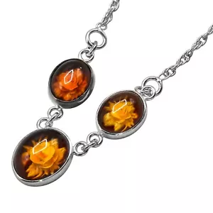 925 Solid Sterling Silver Baltic Amber Carved Cameo Flowers Nice Necklace 17 in - Picture 1 of 4