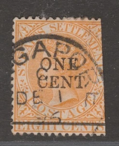 STRAITS SETTLEMENTS 1892 1c on 8c Orange SG 91 Trimmed at right - Picture 1 of 2