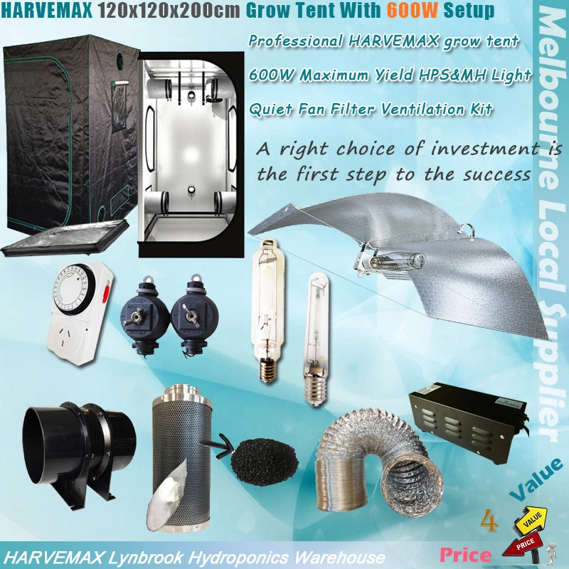 Hydroponics Grow Tent 120x120x200cm Setup 600W HPSMH Grow Light 6" Fan Filter - image 1 of 1