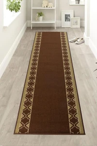 Non Slip Trellis Border Brown Design Low Pile Runner Rug - Picture 1 of 3