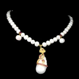 925 Sterlingsilber Erwärmte Runde Rubin 4Mm Barockperle 14K Goldplatte Halskette - Bild 1 von 10