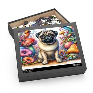 Puzzle, Pug Dog and Mushrooms Jigsaw Puzzle - Fun Family Activity, Relaxing - Picture 1 of 3