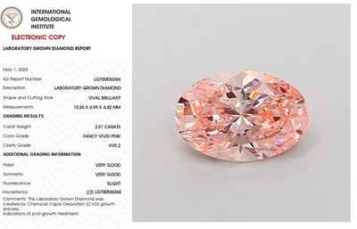 2.01 Oval Lab Grown Diamond For christmas gift IGI Fancy Vivid Pink VVS2 - Image 1 of 4