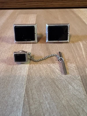 Gemelos Swank vintage y corbata plateados con piedra negra rectangulares  Foto 1 de 3