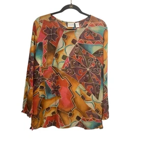 Blusa Top Chicos Mujer Abstracta Cuello en V Suroeste Azteca Seda L Arte para Usar Boho - Imagen 1 de 5