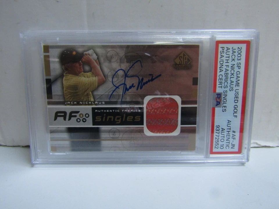 PSA Auto 10 2003 SP Game Used Jack Nicklaus Fabrics Singles Patch On Card Auto - Image 1 of 2