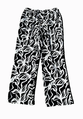 Calça casual SOHO Apparel Ltd M preta e branca enrugada perna solta cintura elástica - Imagem 1 de 4