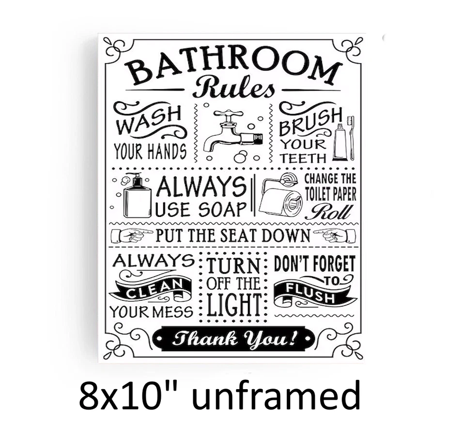 bathroom rules 8x10" unframed print wall decor funny bathroom sign toilet - Image 1 of 1