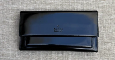 Cartera sin asas Gucci negra charol larga logotipo en relieve rara - Hecha en Italia Foto 1 de 4