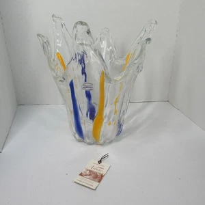 Murano Taschentuch Vase 12" Mid Century Modern klar gelb blau Streifen mundgeblasen - Bild 1 von 14