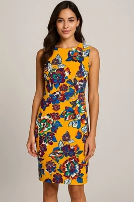 Calvin Klein Yellow Floral Sheath Dress – Size 6 – Bold and Vibrant Print - Image 1 of 4