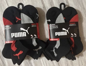 2 Puma Socks Mens Shoe 8-12 Black/Red Black/Gray Quarter Crew 6 Pairs Each Pack - Picture 1 of 3