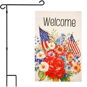 Garden Flag Stand & Garden Flag Welcome American Flag Flowers Printed 12x18IN - Picture 1 of 9