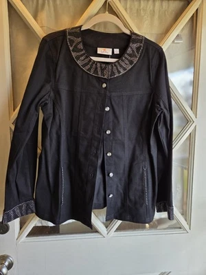 Quacker Factory Jeanne Jacket Animal Chic Rhinestone Embellished Scoop Black M - Image 1 of 4