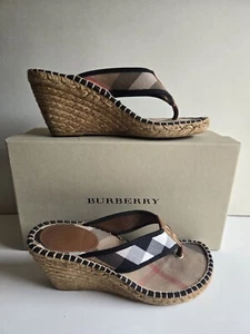 Burberry Beige Size 38 Size 7.5 fit Nova Check Espadrille Wedge Thong Sandals - Picture 1 of 17