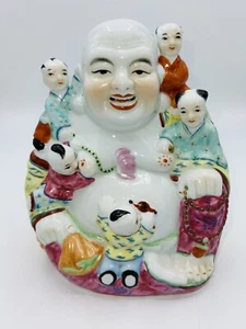 VTG Hotei Laughing Buddha Chinese Republic Period Famille Rose Porcelain Statue - Picture 1 of 15