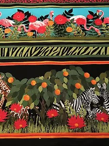 Stoff Zoo Safari Tiere und Flamingo tropische Bordüre auf Baumwolle 1/4 Yard - Bild 1 von 6