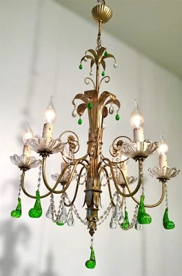 Antigua araña Tole francesa gótica de cristal verde dorado Foto 1 de 4