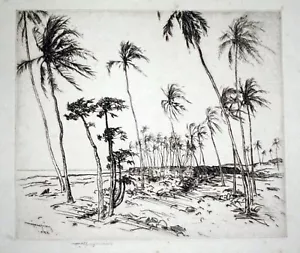 1930s Hawaii Etching Print The Sacred City by Huc M. Luquiens (1881-1961)(DAT) - Picture 1 of 5