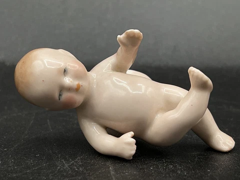 German Porcelain Pin Cushion Half Doll-A Naked/Nude Baby Boy On His Back Cover