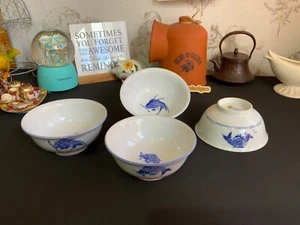Chinese Blue and White Porcelain Koi Carp Fish 5” Soup Rice Bowls Set of 4 - Picture 1 of 5
